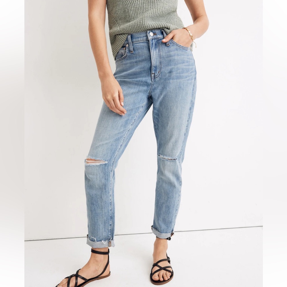 Madewell The High-Rise Slim Crop Boyjean Light Wash Distressed Jeans Sz 24 Boho